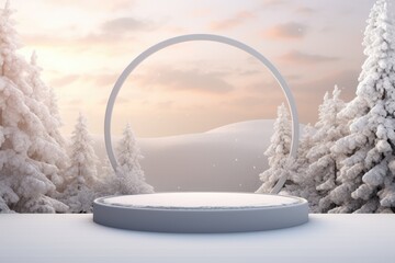 Winter pedestal, podium, platform for advertising products. The podium is surrounded by snow, winter snow trees, Christmas trees.