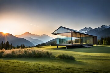 Fototapeta na wymiar A contemporary house in a beautiful landscape with mountains in background - AI Generative