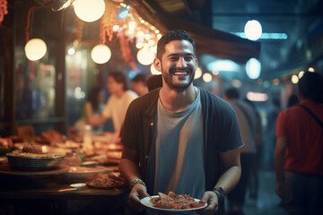 A man eating happily at a street food market