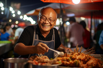 A man eating happily at a street food market