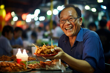 A man eating happily at a street food market