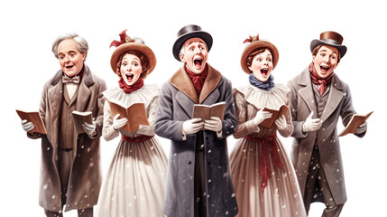 A group of carolers dressed in festive attire joyfully sing Christmas carols in front of a snowy background. - obrazy, fototapety, plakaty