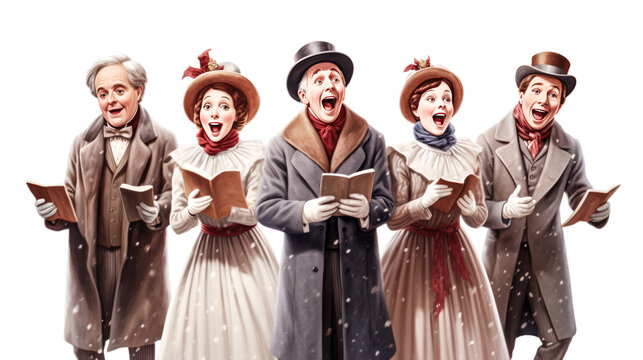 A group of carolers dressed in festive attire joyfully sing Christmas carols in front of a snowy background.