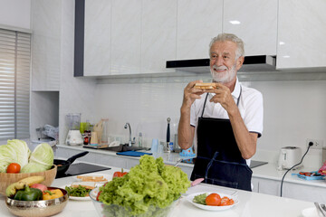 Happy smiling elderly man wearing apron, standing at kitchen counter. Senior man holding bread sandwich and ready to eat it, mature grandfather enjoys cooking meal by himself and eating at home.