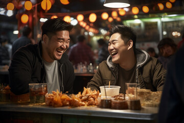 Group of young male friends eating happily at a street food market