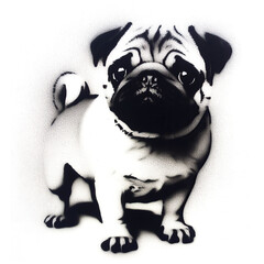 pug graffiti stencil-art sprayed in black over white, generative ai
