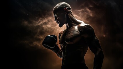 Fototapeta na wymiar Athletic man on dark background. Martial arts athlete, AI