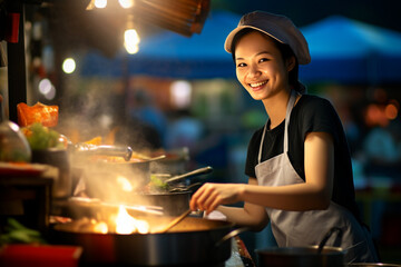 Local female chef happily cooks at street food market