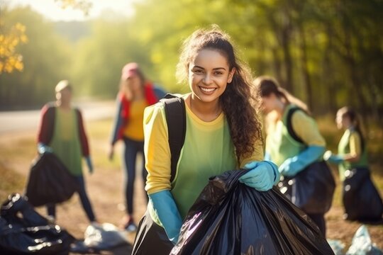 Young woman and team of volunteer worker enjoy with project cleaning up garbage and waste separation garbage at outdoor, World Environment Day concept.