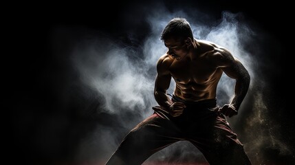 Athletic man on dark background. Martial arts athlete, AI