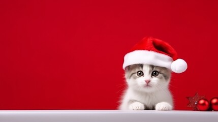 Cute kitten cat in Santa Claus Christmas red hat isolated on red background - obrazy, fototapety, plakaty
