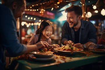 family eating Happily at the Street Food Market