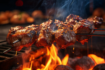 Delicious grilled beef or pork over a charcoal grill at the street food market