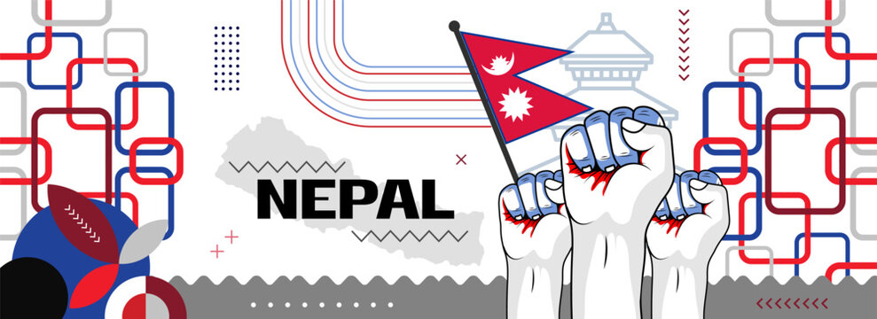  Nepal National or Independence Day abstract banner design with flag and map. Flag color theme geometric pattern retro modern Illustration design.