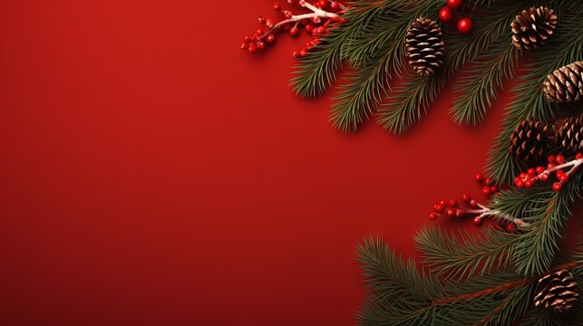 Christmas and New Year decoration red background Xmas decoration top view with space for text