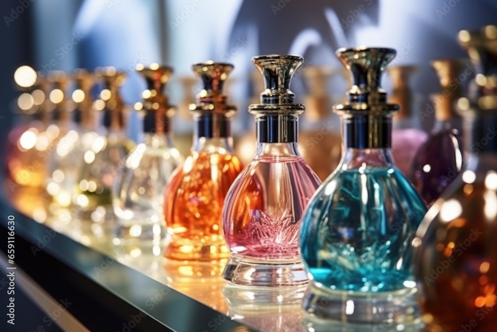 Poster A row of perfume bottles sitting on top of a counter. Perfect for beauty and cosmetics themes.