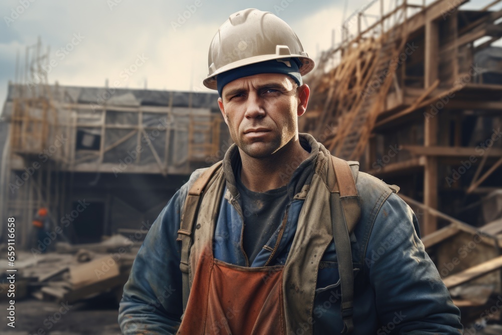 Poster a construction worker standing in front of a building under construction. this image can be used to 