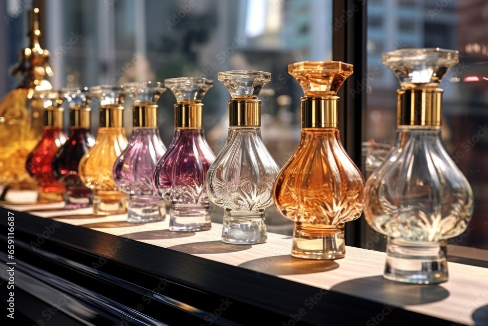 Poster A row of perfume bottles sitting on top of a window sill. Can be used for beauty and lifestyle concepts.