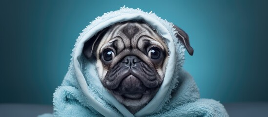Pug puppy in bathrobe with soap foam post bath on blue background