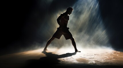 Athletic man on dark background. Martial arts athlete, AI