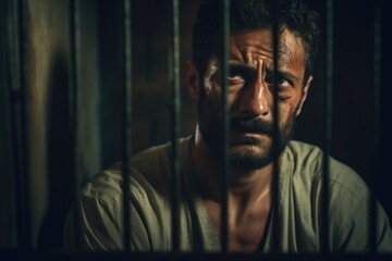 Obraz premium A man in a jail cell looking directly at the camera. This image can be used to depict incarceration, criminal justice, or prison life.