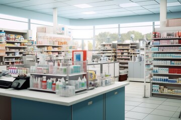 A picture of a pharmacy office with numerous shelves and displays. This image can be used to depict a well-stocked pharmacy or to illustrate the variety of products available in a pharmaceutical setti