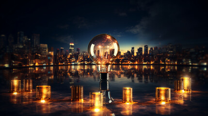Illuminated Innovation: Radiant Light Bulb in front of the Urban Skyline, Symbol of Creative and Futuristic Energy
