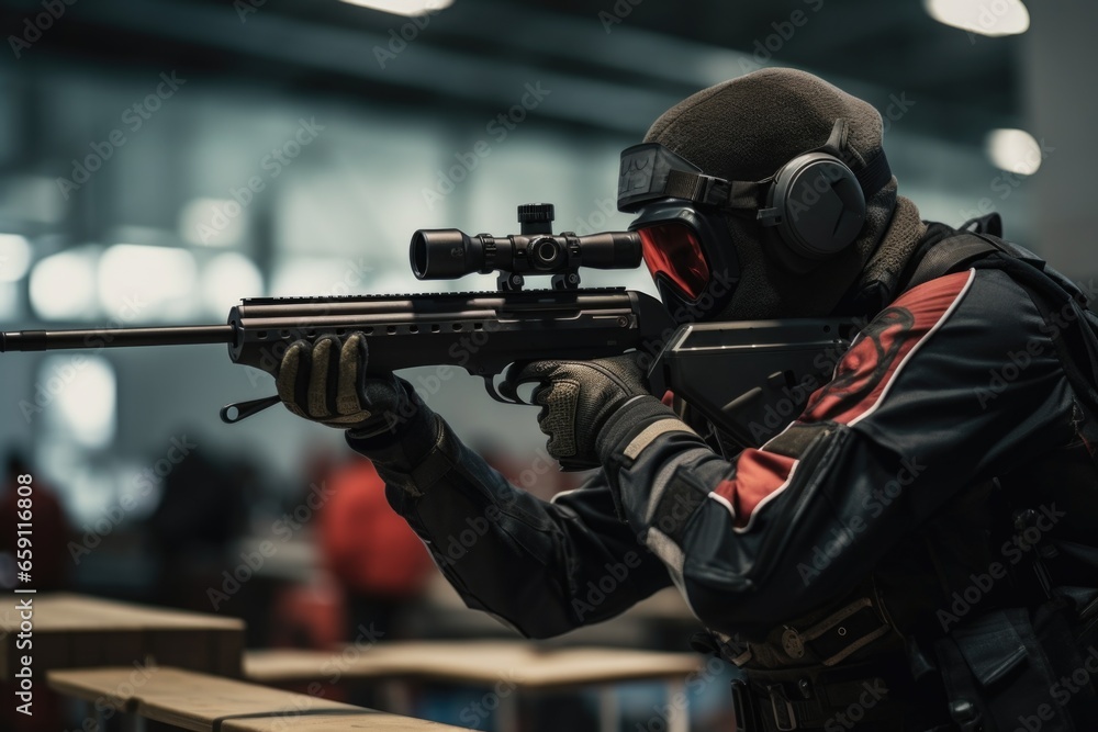 Poster a man is pictured wearing a helmet and goggles while holding a rifle. this image can be used to depi