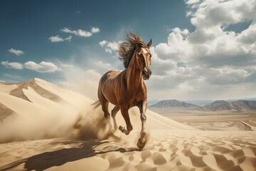 A powerful horse galloping through the sandy desert. Perfect for capturing the beauty and strength of nature. Ideal for travel magazines, adventure blogs, and outdoor-themed designs.