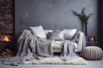 Cozy living room interior with grey knitted blanket