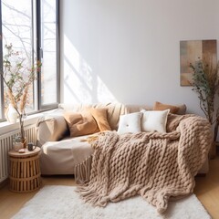 Fototapeta na wymiar Cozy living room interior with knitted blanket
