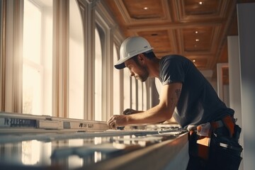 A man wearing a hard hat working on a construction project. This image can be used to represent construction, building, or renovation projects.