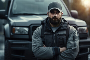 Fototapeta premium A man stands confidently in front of a truck, ready for work. This image can be used to showcase transportation, logistics, and the automotive industry.