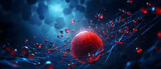 A blue and red ball is surrounded by red and blue spheres, virus concept - obrazy, fototapety, plakaty