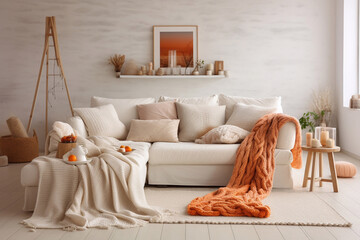 Cozy living room interior with knitted blanket