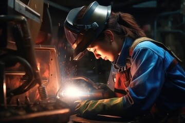 A woman wearing a welding helmet is seen working on a piece of metal. This image can be used to represent skilled labor, metalworking, construction, or industrial work.