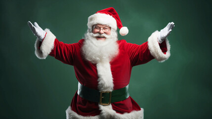 Santa Claus with his arms outstretched in different directions, cheerful, standing on a green background . Generative AI. - obrazy, fototapety, plakaty
