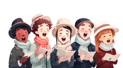 A group of carolers joyfully sing "Joy to the World" in front of a snowy backdrop, spreading holiday cheer.