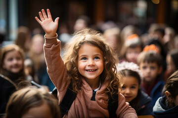A happy, smiling girl with her hand raised in the air at school among her classmates