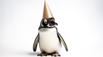 A penguin donning a festive party hat joyfully celebrates with his fellow creatures in a colorful and lively atmosphere.
