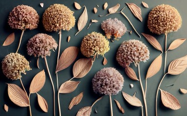 
collection of delicate dry hydrangea flowers isolated over a transparent background, feminine natural autumn, garden, boho or wedding scene design elements, top view . Generative AI.