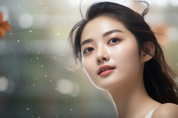 Beautiful Korean woman standing on bright background in bokeh style - obrazy, fototapety, plakaty