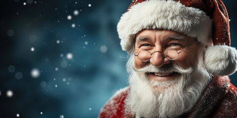 Happy smiling Santa Claus on a dark blue background with snowflakes