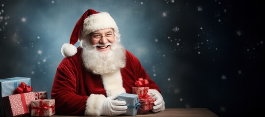 Smiling Santa Claus with gifts on a blue snowy background