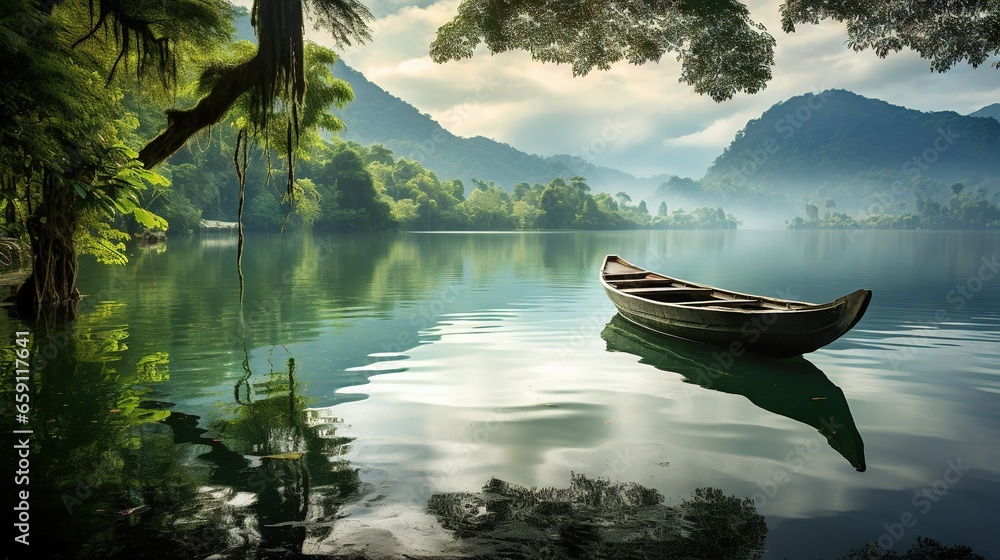 Poster a boat floating on top of a lake next to a forest. generative ai