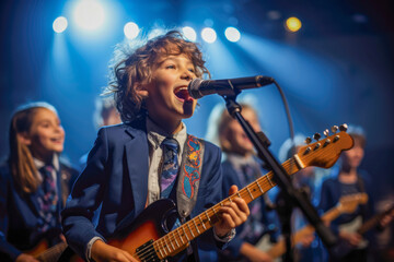 Talented kids shine in a school band, showcasing musical skills with instruments in a captivating performance.