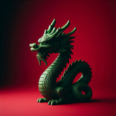 Obraz premium Wooden figurine, symbol of the year 2024. Green wooden dragon. Red background. Generative AI.