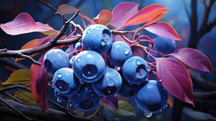  a bunch of blue berries hanging from a branch with leaves.  generative ai