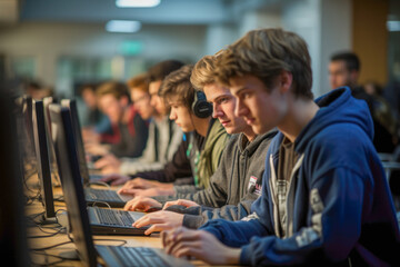 Students in a dynamic tech class, collaborating on coding and computer projects for enhanced learning.