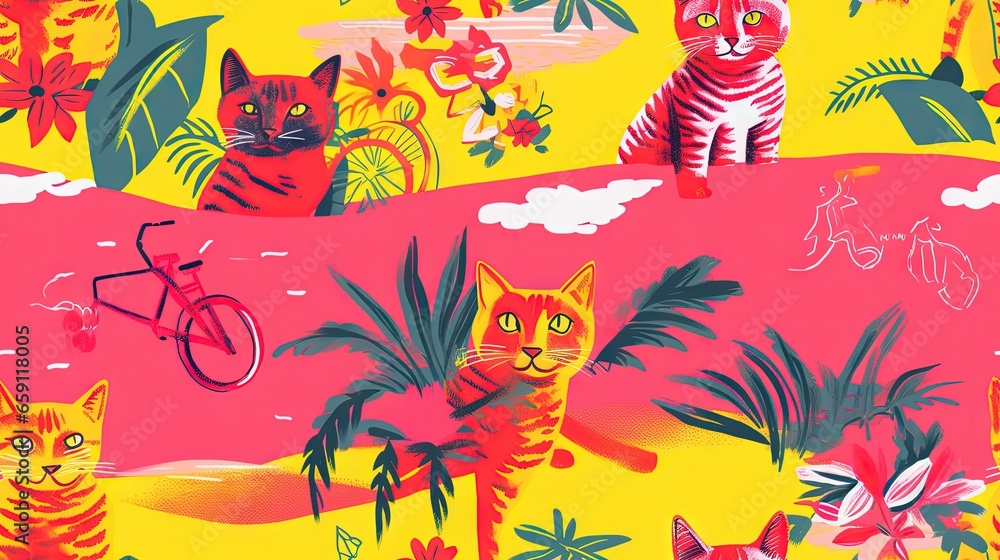 Poster a colorful background with cats and a bicycle on a yellow background. generative ai